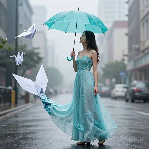 Photograph of a woman in a flowing, light blue dress holding a translucent umbrella, surrounded by ethereal white paper butterflies, walking on a foggy