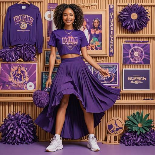Woman in Purple Cheerleader Outfit with Pom-Poms