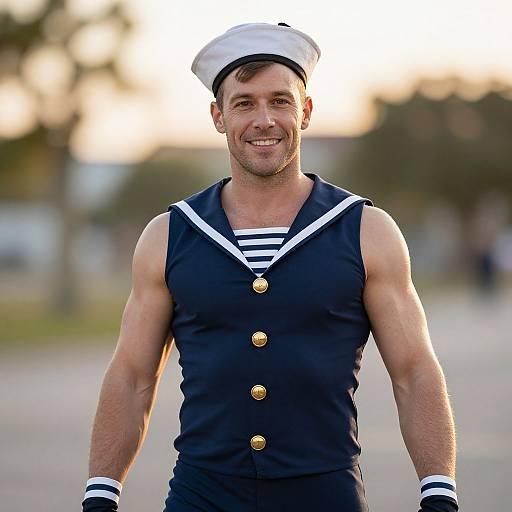 Photograph of a smiling, muscular man in a navy sailor uniform with white stripes, gold buttons, and a white hat, standing outdoors at sunset.