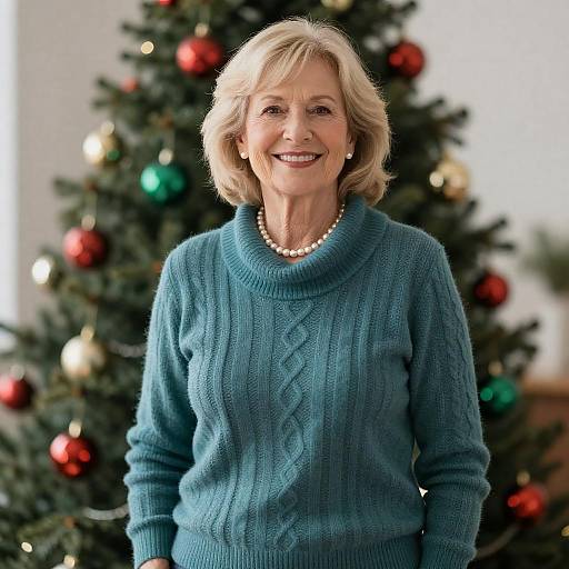 Cheerful Older Woman by Christmas Tree