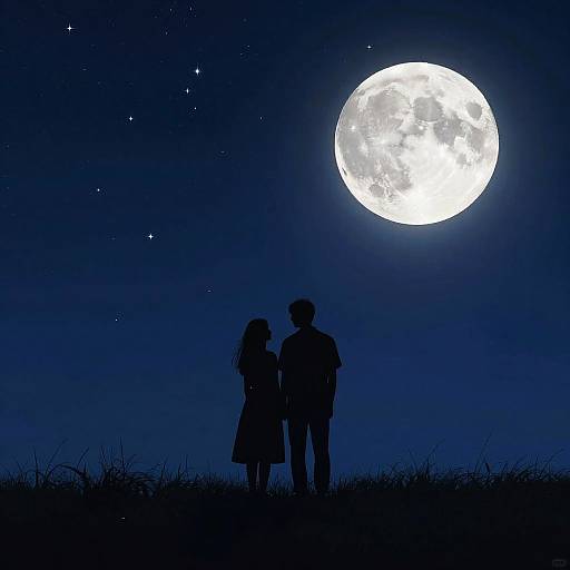 Silhouetted couple standing on grassy hill, gazing at bright full moon in dark blue night sky with scattered stars.