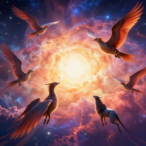 Digital art: Five birds with glowing orange and red wings circle a radiant, fiery sun in a cosmic, star-filled sky.