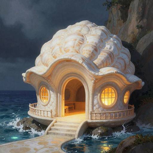 Dreamy, cloud-shaped hobbit house with glowing windows, floating on a rocky ocean shore under a moonlit, stormy night sky. Digital painting