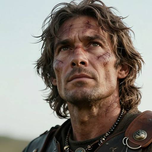 Photorealistic close-up of a rugged, dirty-haired, scarred man with blue eyes, wearing leather armor, looking upward with a determined expression.