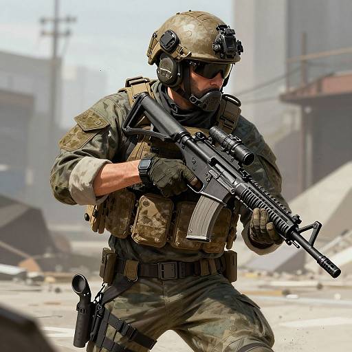 Photograph of a male soldier in camouflage gear, helmet, and sunglasses, running and aiming a black assault rifle in a dusty, war-torn urban