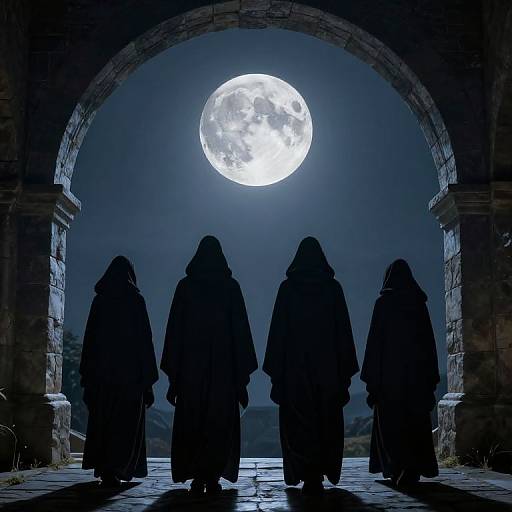 Cloaked Figures Under Otherworldly Moon