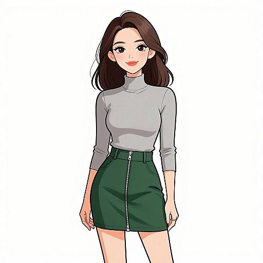 Digital anime-style drawing of a smiling young woman with fair skin, brown hair, wearing a gray turtleneck and green high-waisted skirt with