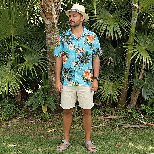 Photograph of a bearded man in a white hat, blue floral shirt, beige shorts, and sandals, standing in front of lush palm trees and