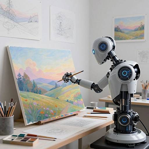 Photograph of a futuristic white robotic artist painting a vibrant landscape on an easel in a bright, sunlit studio.