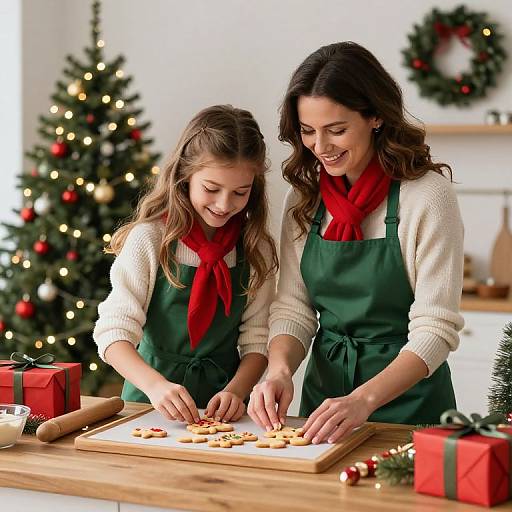 Photograph of a smiling mother and daughter baking cookies in green aprons and red scarves, with Christmas tree and gifts in the background.