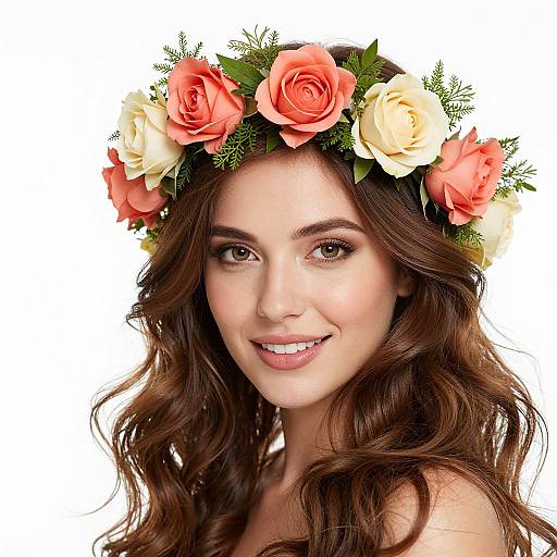 Photograph of a smiling woman with long, wavy brown hair, wearing a floral crown with pink and white roses and greenery, against a white