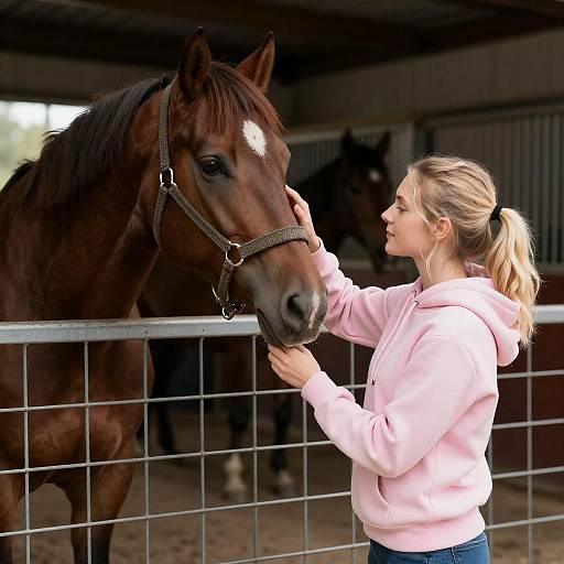 Blonde Woman Petting Horse in Stable