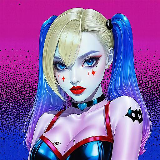 Illustration of Harley quinn, dc comics in the style of Kaiza (rider000)