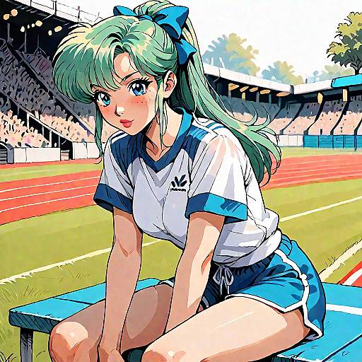 Anime-style digital illustration of a green-haired girl with blue bow, wearing a white and blue sports uniform, sitting on a bench in a sunlit stadium