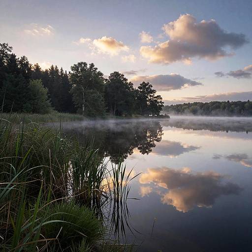 Serene Lakeside at Dawn with Mist