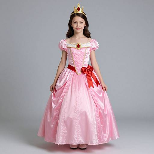 Photograph of a young Asian girl with long black hair, wearing a pink princess gown, gold crown, red ribbon, and red gem necklace, standing