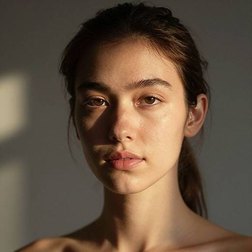 Photograph of a young woman with light olive skin, dark brown eyes, and straight dark brown hair. She's illuminated by soft sunlight, casting shadows