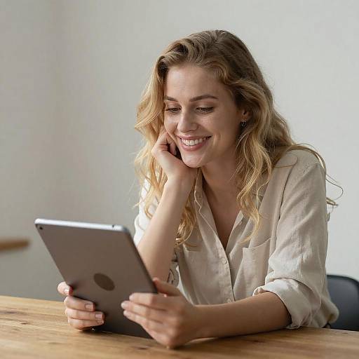 Smiling Woman Using Tablet at Table
