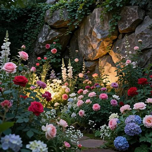 Photograph of a vibrant garden with pink, red, white, and blue roses, illuminated by warm lights, set against a rocky, ivy-covered