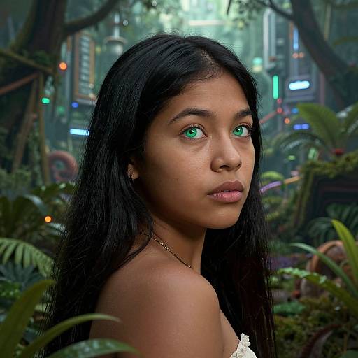 Photorealistic CGI image of a young woman with long black hair, green eyes, and dark skin, in a lush, futuristic forest with neon city