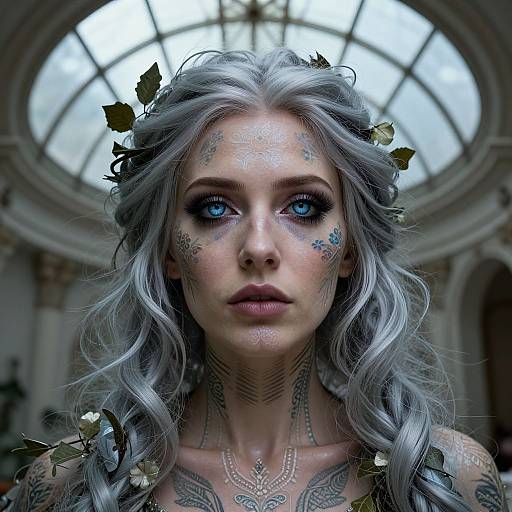 Digital art of a pale-skinned woman with silver hair, blue eyes, and intricate tattoos, wearing a leafy crown, in a grand, ar