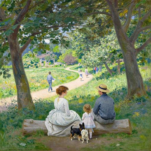 Illustration of a Victorian-era family sitting on a log under trees, watching a sunlit park with people and dogs. Woman in white dress, man