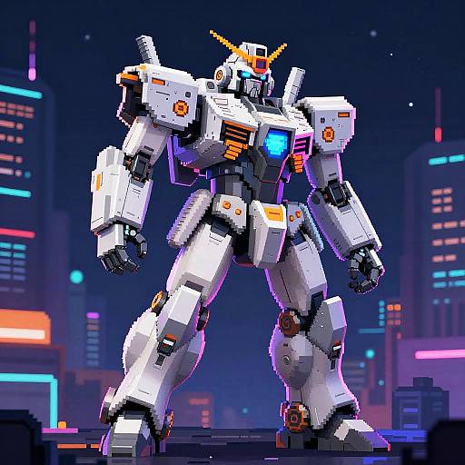 Digital pixel art of a white, orange-accented, glowing-blue-eyed robot standing in a neon-lit, futuristic cityscape at night.