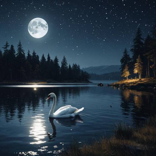 White Swan on Moonlit Lake at Night