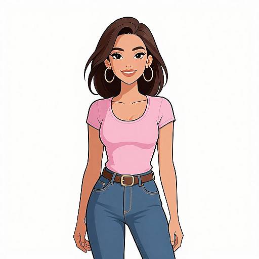 Digital illustration of a smiling woman with brown hair, wearing a pink t-shirt, blue jeans, and large hoop earrings, standing against a plain white background