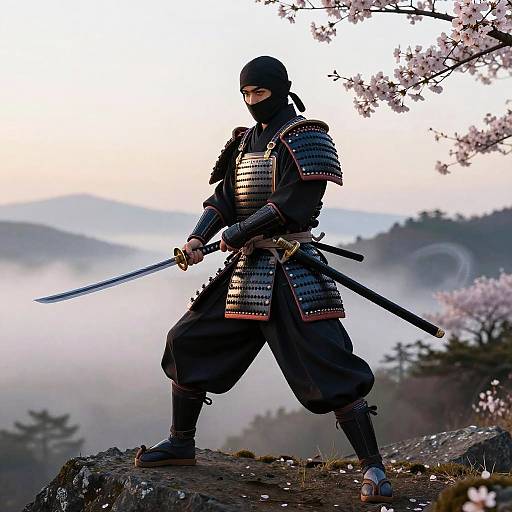 Photograph of a samurai in black armor and mask, holding a katana, standing on a rock with cherry blossoms and misty mountains in