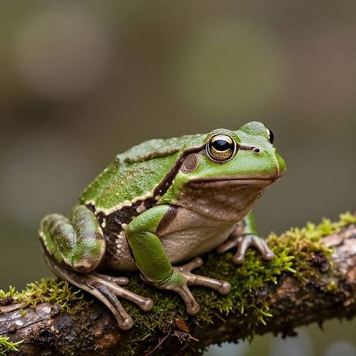 Close-up photograph of a vibrant green tree frog with large eyes, perched on a moss-covered branch, set against a blurred forest background.
