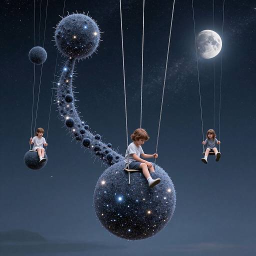 Photograph-like CGI of three children swinging on dark blue, star-studded spheres against a night sky with a full moon.