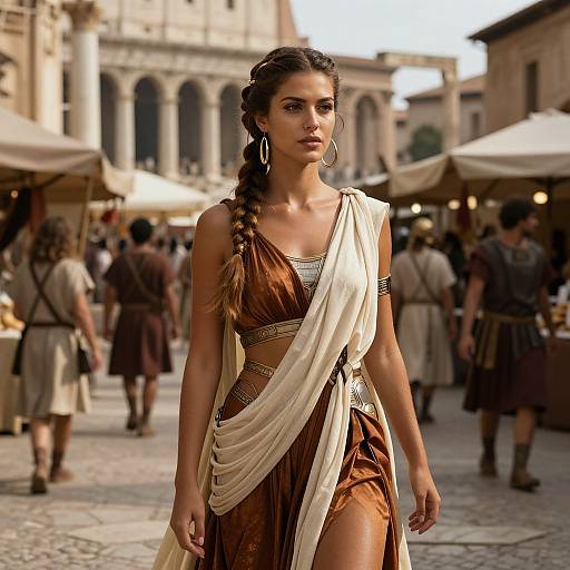 Photograph of a brunette woman with a braid, wearing a bronze and cream ancient Greek-style dress, walking through a bustling, sunlit medieval marketplace