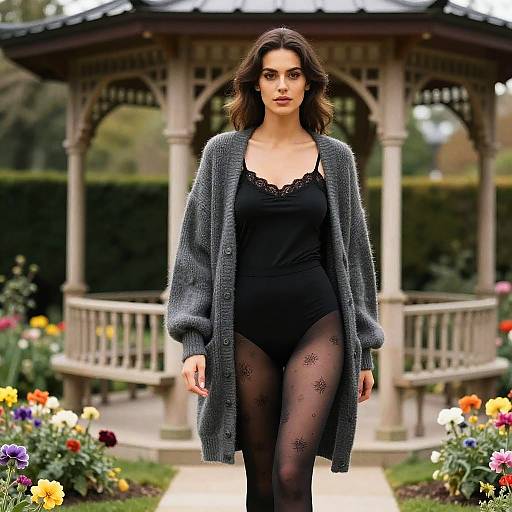 Stylish Woman in Garden with Gazebo