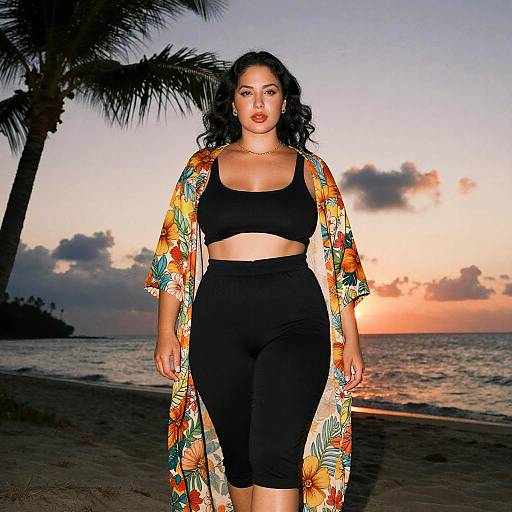 Photograph of a curvy woman with medium skin tone, black curly hair, wearing a black sports bra and high-waisted pants, and a