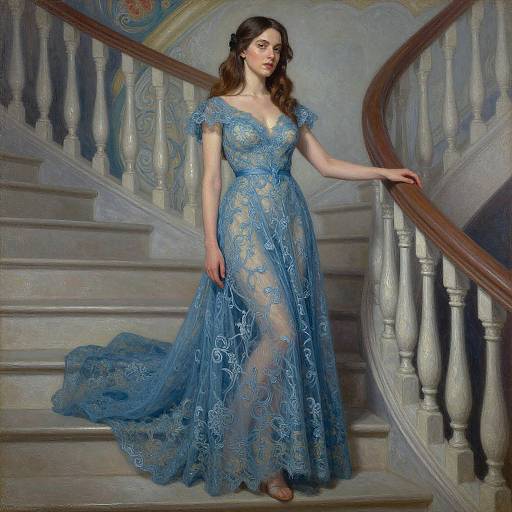 Photograph of a fair-skinned woman with wavy brown hair in an elegant blue lace gown, standing on a curved staircase with ornate white rail