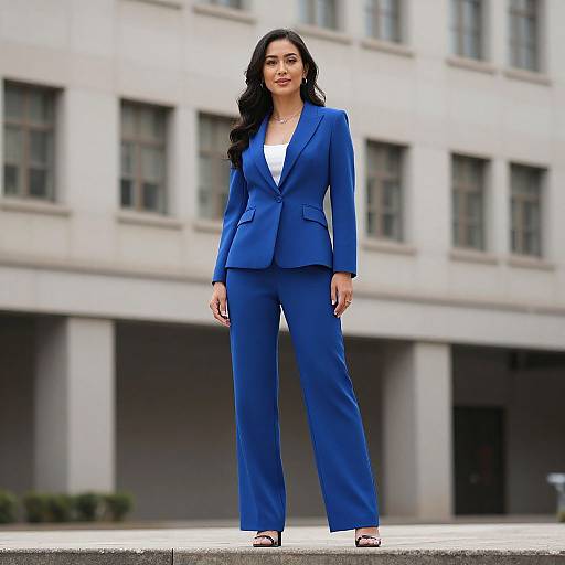 Photograph of a confident woman with long black hair, wearing a blue blazer and matching trousers, white shirt, and black heels, standing in front