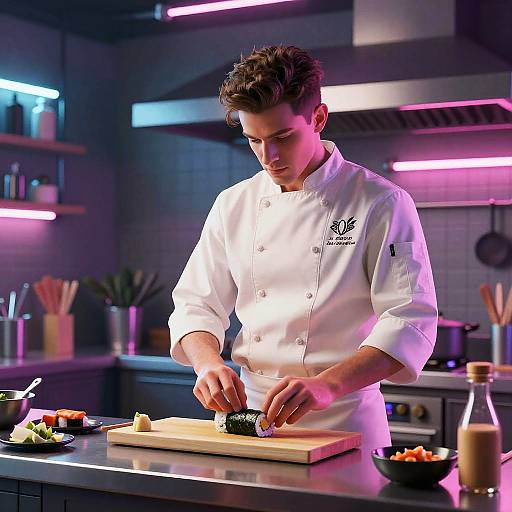 Photograph of a male chef with short brown hair, in a white chef's coat, assembling sushi on a wooden board in a modern, neon-l