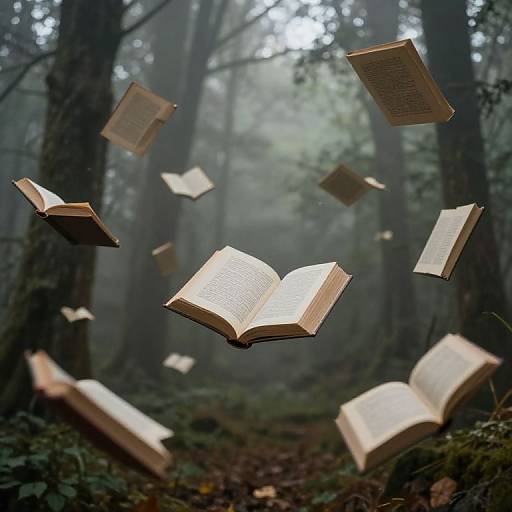 Photograph of open, floating books in a misty forest; books suspended mid-air, with tall, dark trees and foggy background.