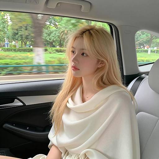 Young woman in white shawl sitting in car