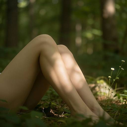 Photograph of a person's crossed, light-skinned legs in a sunlit forest, with dandelion-like flowers and soft, dappled