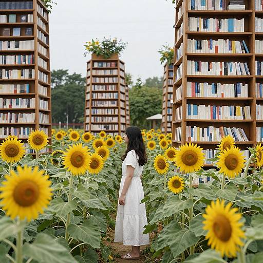 Photograph of a woman in a white dress standing in a sunflower field, surrounded by tall, wooden bookshelves filled with books.