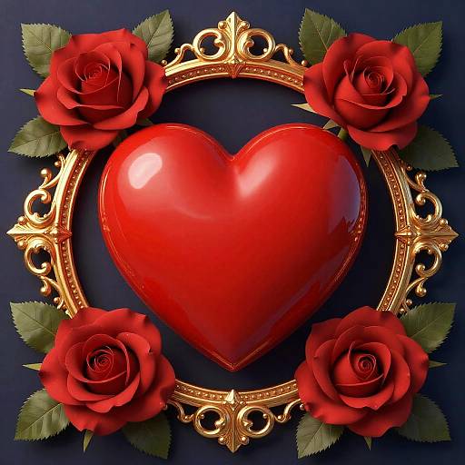 Digital artwork of a shiny red heart centered in an ornate gold circular frame, surrounded by four vibrant red roses with green leaves on a dark blue background