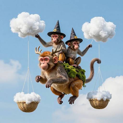 Digital illustration of three monkeys wearing witch hats, flying on a cloud-riding, moss-covered monkey, with wicker baskets on clouds.
