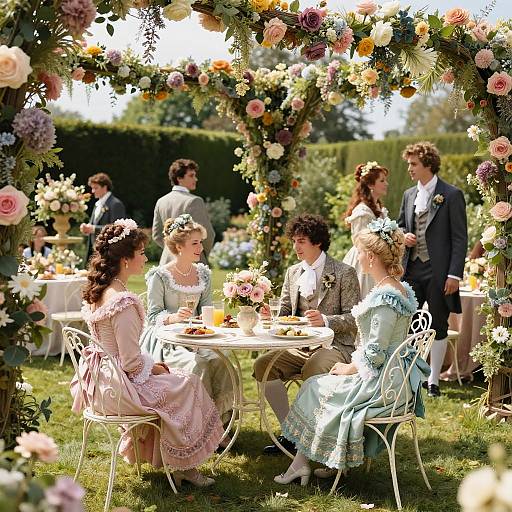 Vintage photograph of elegant women in pastel dresses and floral headpieces, seated at a white metal table under a colorful flower arch, enjoying tea in a
