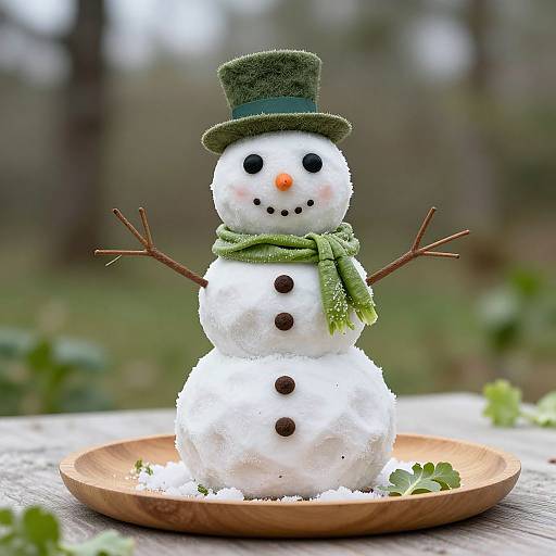 Photograph of a cute, fluffy snowman with green hat, scarf, black buttons, stick arms, on a wooden plate outdoors.