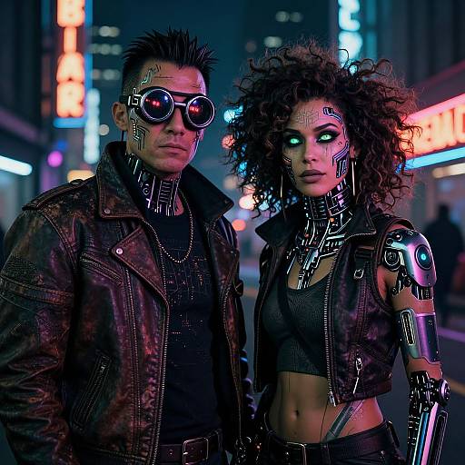 Cyberpunk duo in neon-lit city: man with spiked hair, sunglasses, leather jacket; woman with curly hair, glowing eyes, robotic arm