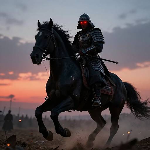 Photograph of a silhouetted samurai warrior in armor with glowing red eyes, riding a galloping black horse at sunset, dust and