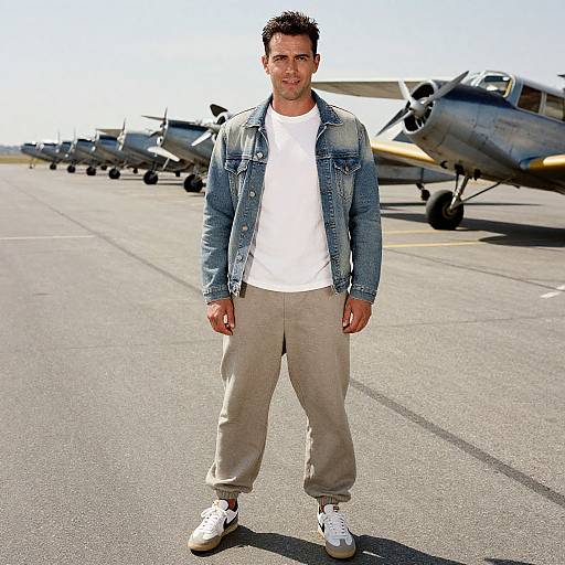 Photograph of a man with short dark hair, wearing a denim jacket, white t-shirt, beige pants, and white sneakers, standing on an airst