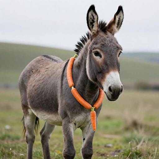 Gray Donkey with Carrot Garland in Field